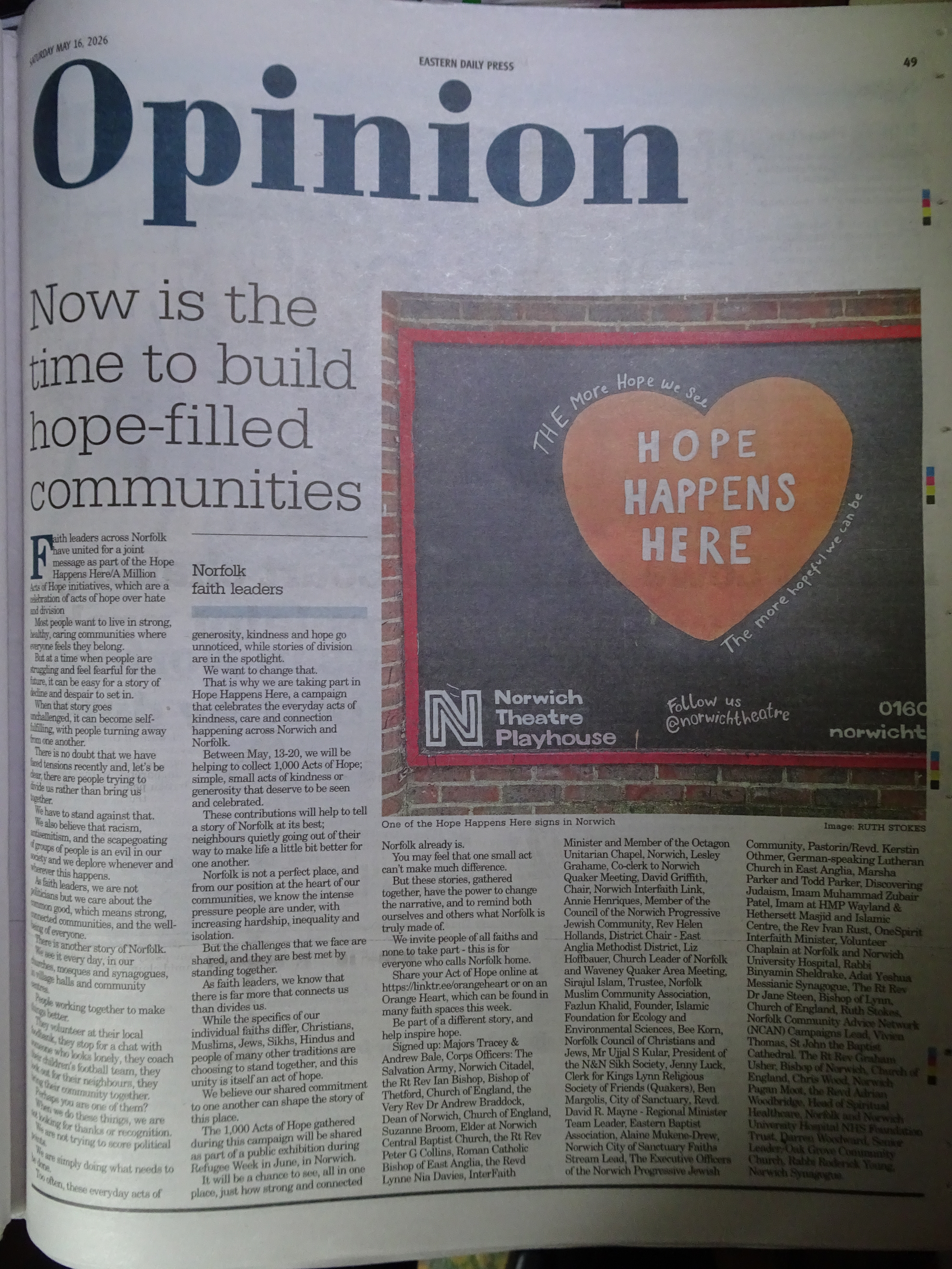 Article from the Eastern Daily Press entitled 'Opinion - Now is the time to build hope-filled communities' by Norfolk faith leaders