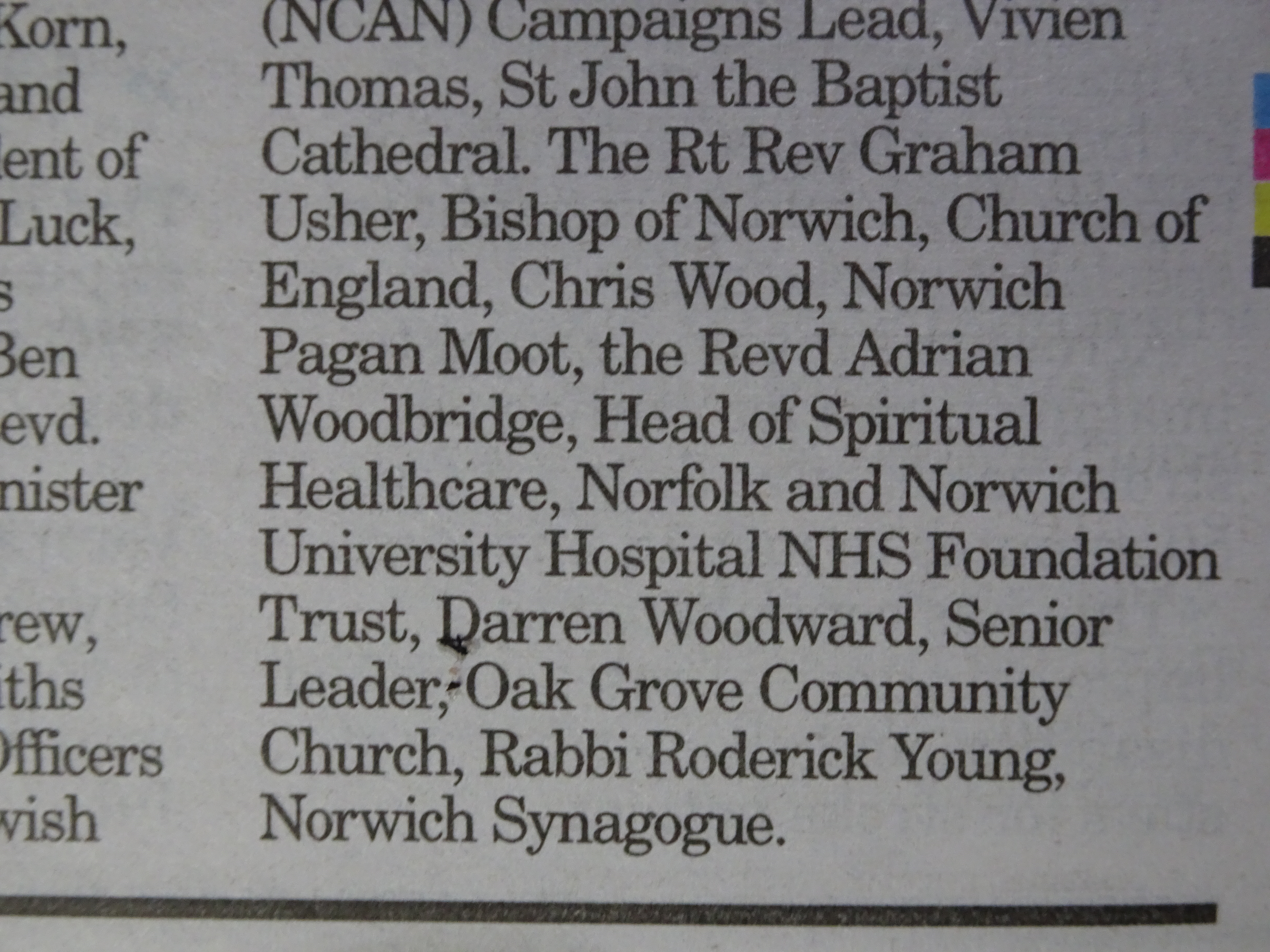Detail of the signatories at the end of the article, with Chris Wood, Norwich Pagan Moot, following the Anglican Bishop of Norwich.