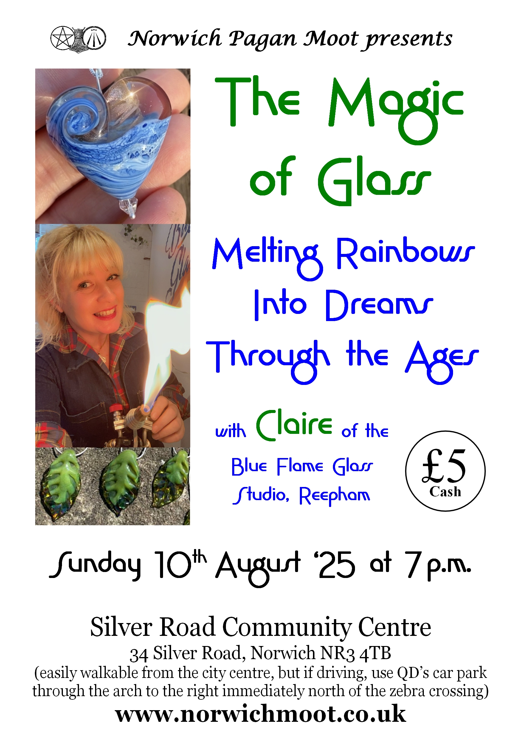 Image promoting the talk by Claire of the Blue Flame Glass STudio, showing her with a flame torch and some of her creations: glass leaf pendants, heart (clear/blue) pendant and a blue dragon's head.