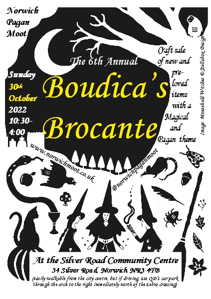 Image promoting the Norwich Moot Boudica's Brocante, 30th October 2022, with background illustration of 'Mousehold Witches' by Stellaboxdesign.