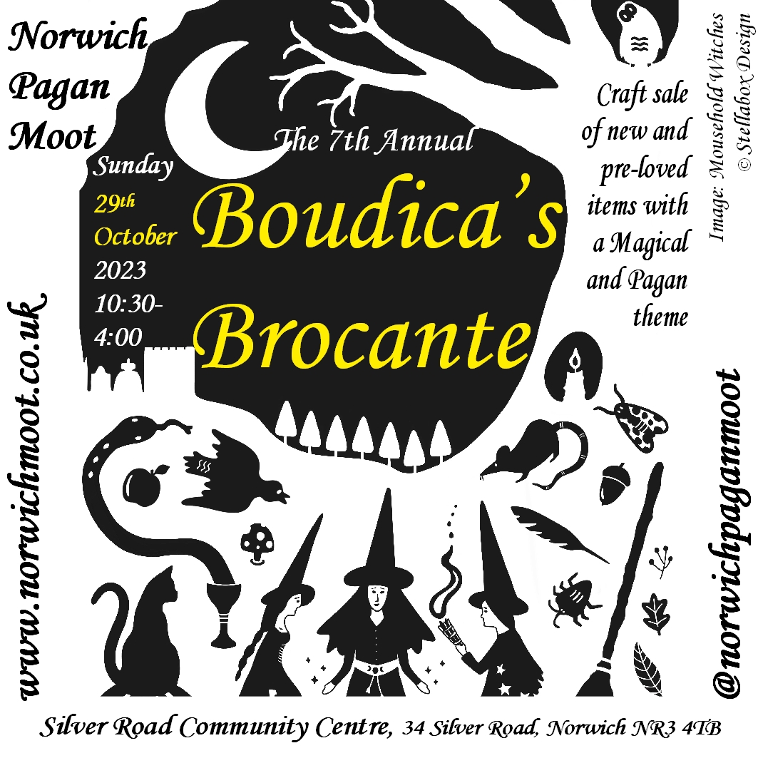 Image promoting the Norwich Moot Boudica's Brocante, 29th October 2023, with illustration 'Mousehold Witches' by Stellabox Design.