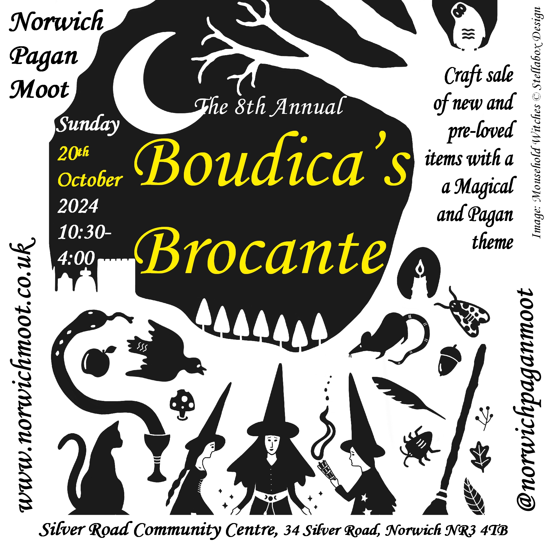 Image promoting the Norwich Moot Boudica's Brocante, 20th October 2024, with illustration 'Mousehold Witches' by Stellabox Design.