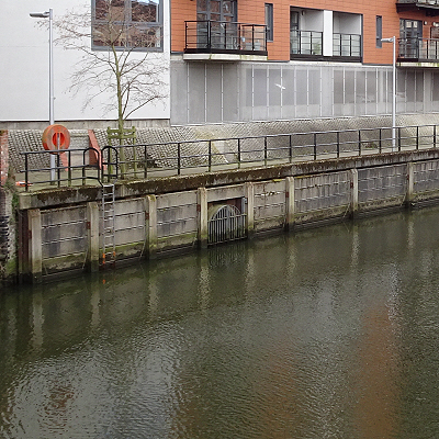 The outfall of what is left of the Great Cockey, just above Blackfriars Bridge - a tubular opening with grille set amongst concret piling, the river Wensum below and a railed walkway with small tree above.