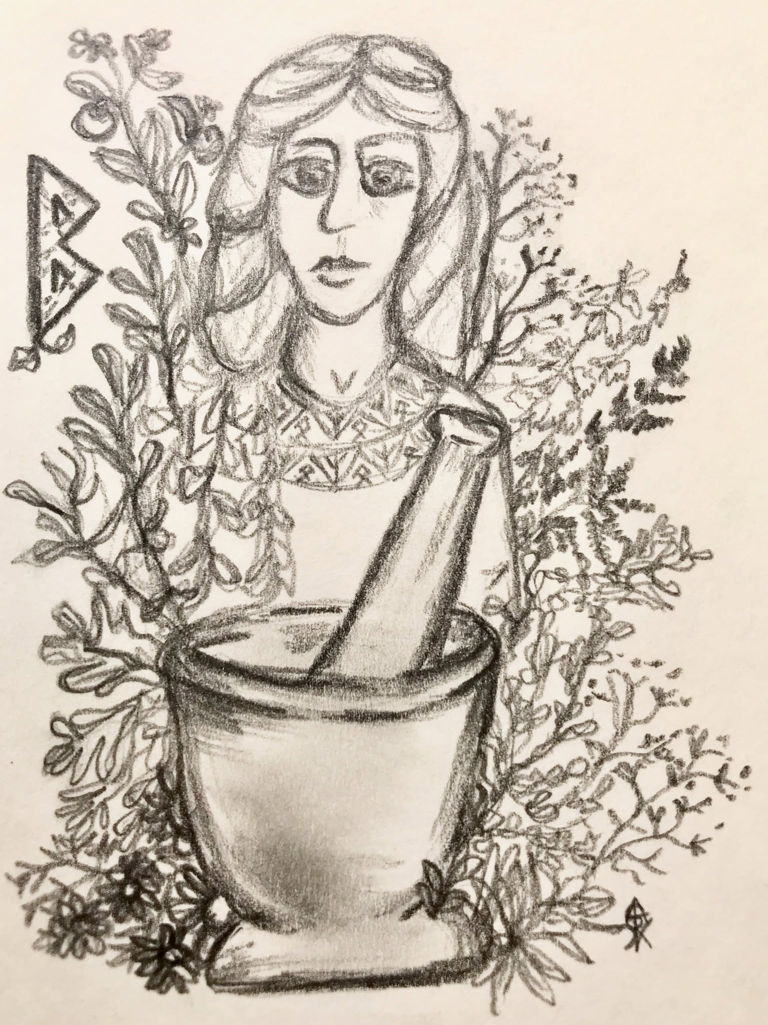 A lady stands surrounded by herbs, with a pestle and mortar in front of her and the Berkana rune to one side.