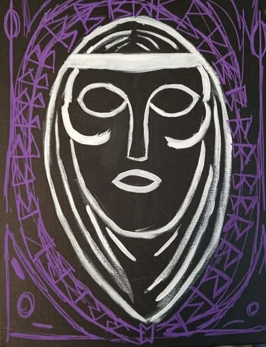 A white face on a blue and black background, including distaffs and other symbols of Frigg.