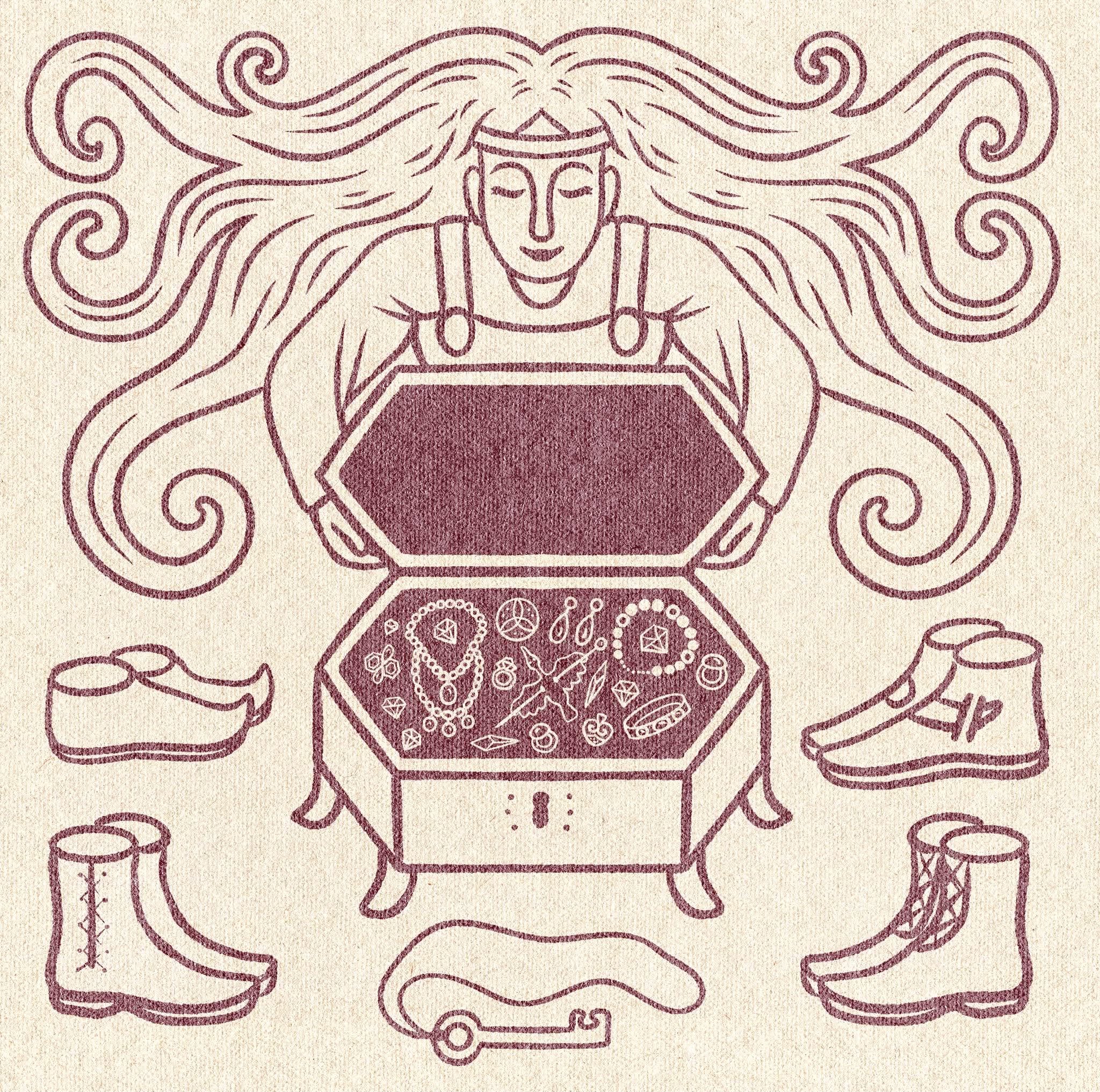 A lady with flowing hair and a headband stands behind and opens a trunk containing jewellery. The trunk's key lies in front and four pairs of shoes or boots stand around.