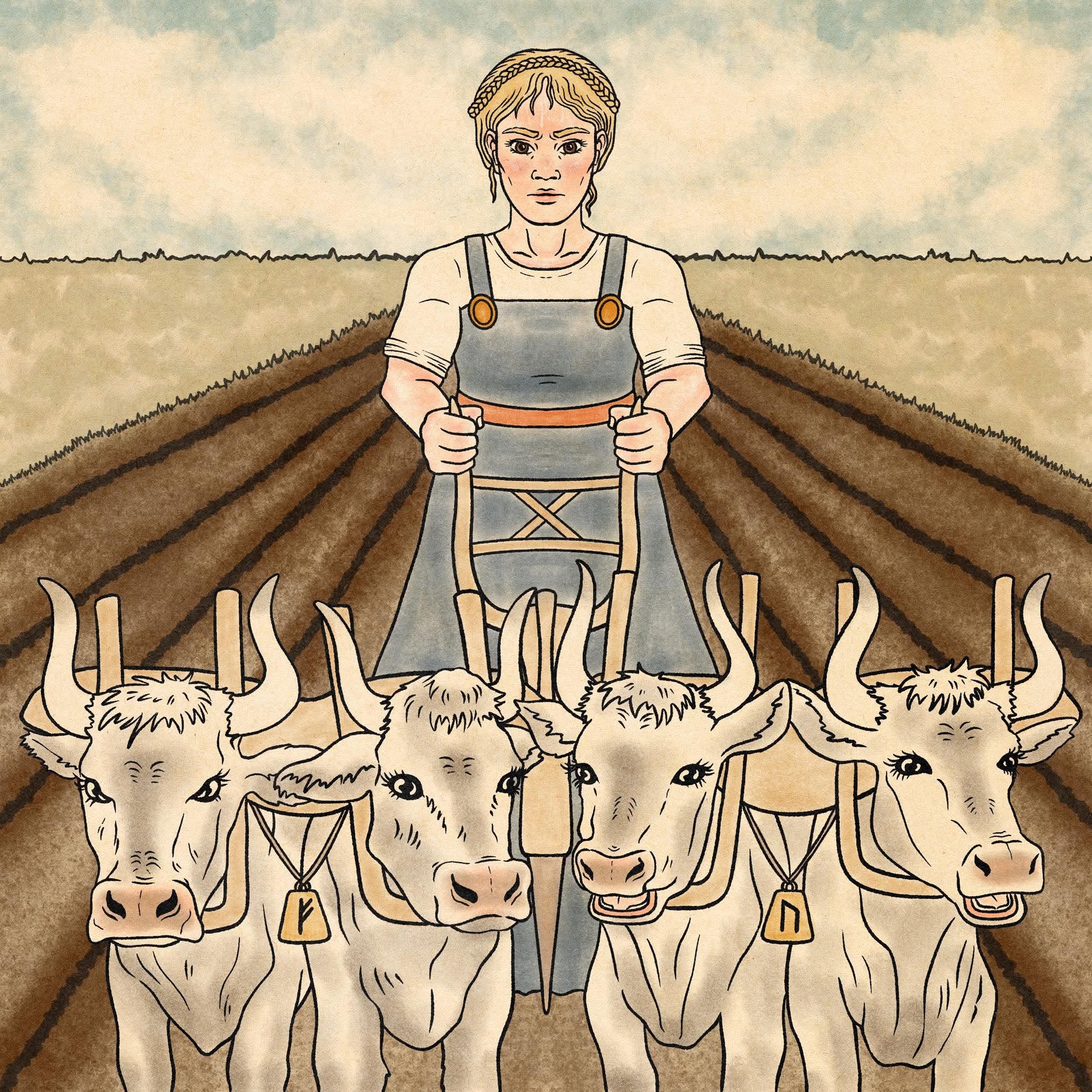 A lady ploughs a field with four oxen, all facing, with the furrows seen behind. Cow bells hang from the halter, one with the Fehu rune, the other Uruz.