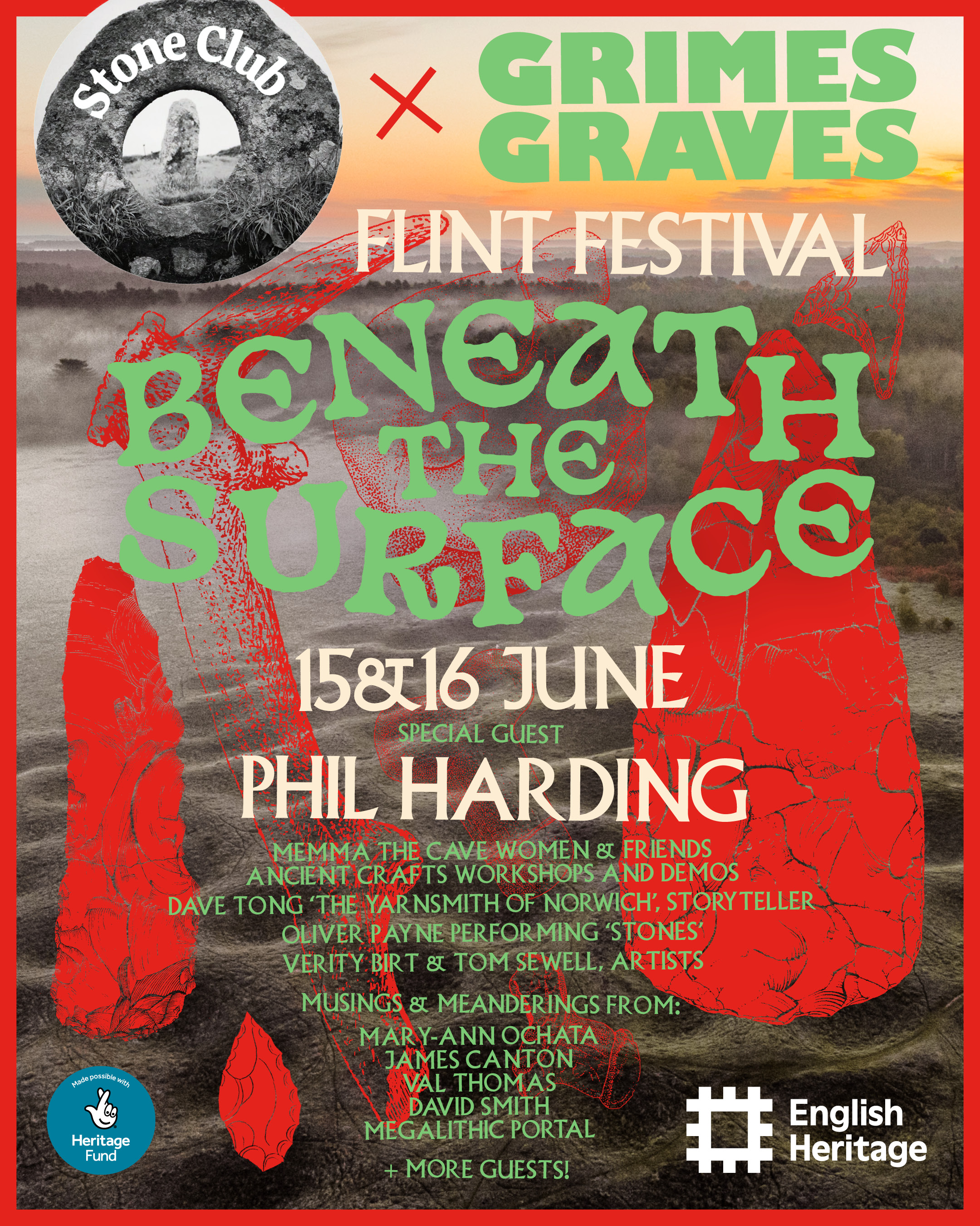 Image promoting the Grimes Graves Flint Festival, 'Beneath the Surface', on 15th and 16th June 2024, with images of knapped flint tools, the chalk goddess, over an aerial view of Grimes Graves, with text and various logos.