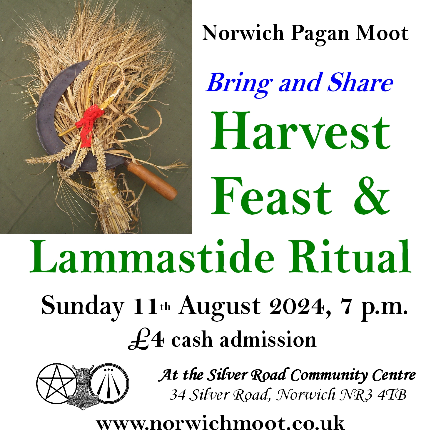 Image promoting the Norwich Moot harvest feast and ritual on Sunday 11th August 2024 at 7 p.m., showing a sheaf of barley with a sickle and corn dolly (tied with red wool) on top, all on a green cloth.