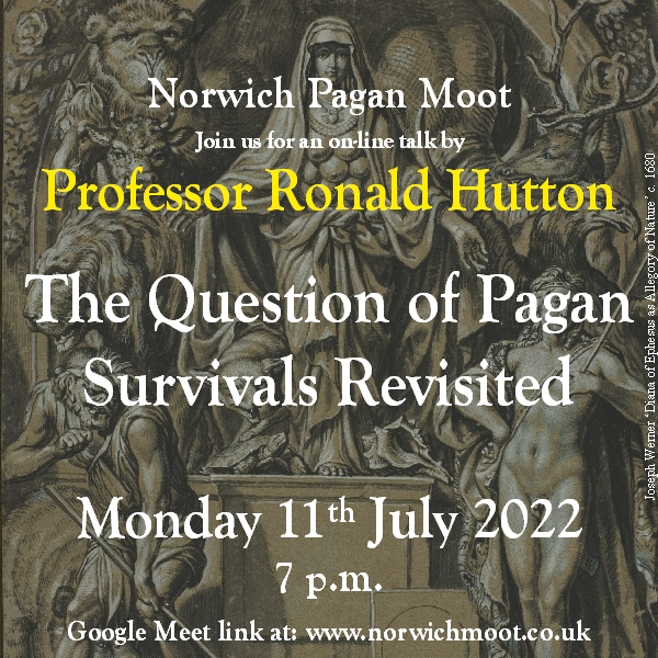 Image promoting the Norwich Moot on-line talk by Ronald Hutton, 11th July 2022, with a 17th century ink and gouache drawing of 'Diana of Ephesus as Allegory of Nature' by Joseph Werner.