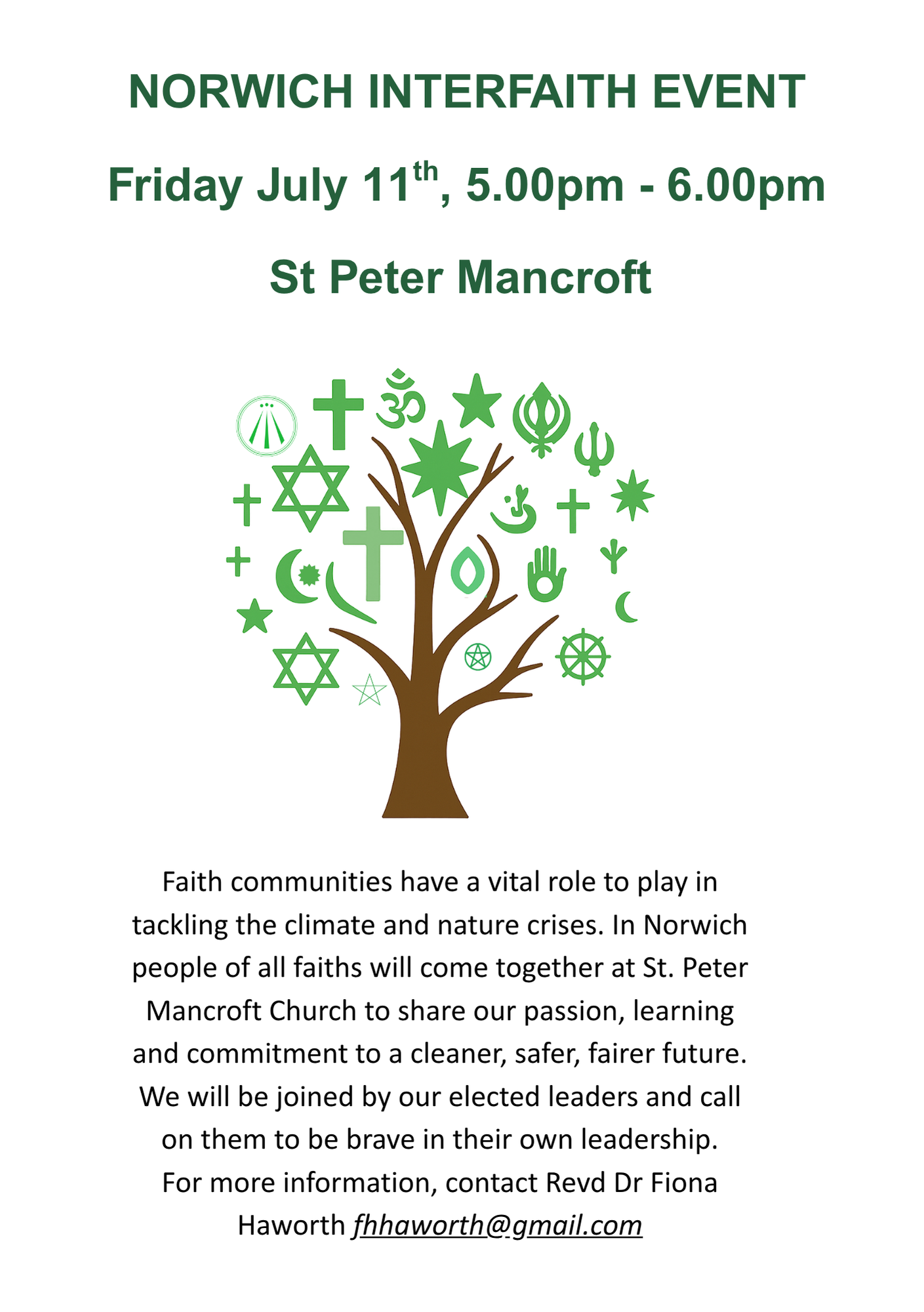 Image promoting the inter=faith event on climate with a tree whose leaves are the symbols of various faiths and religions.