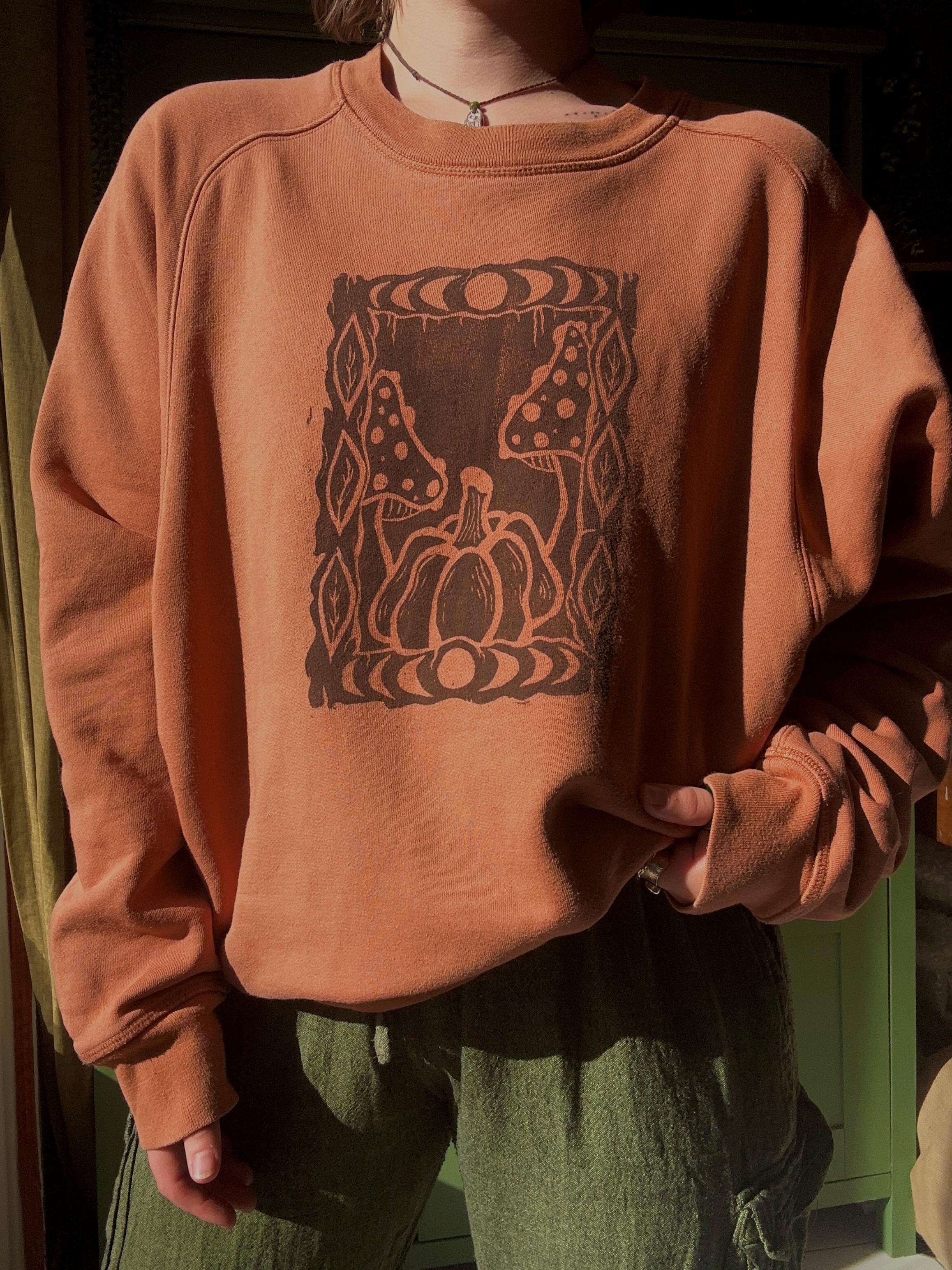 A printed T-shirt, with a design featuring fly agaric, pumpkins and moons, worn by a person. Picture by Jodie Hyson.