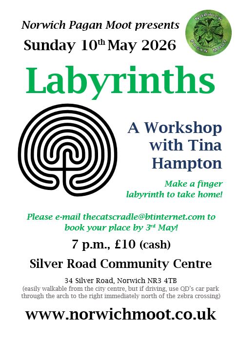 Image promoting the labyrinths workshop by Tina Hampton, showing a labyrinth and the Norwich Moot logo of a foliate head on green by Vix Valentine.