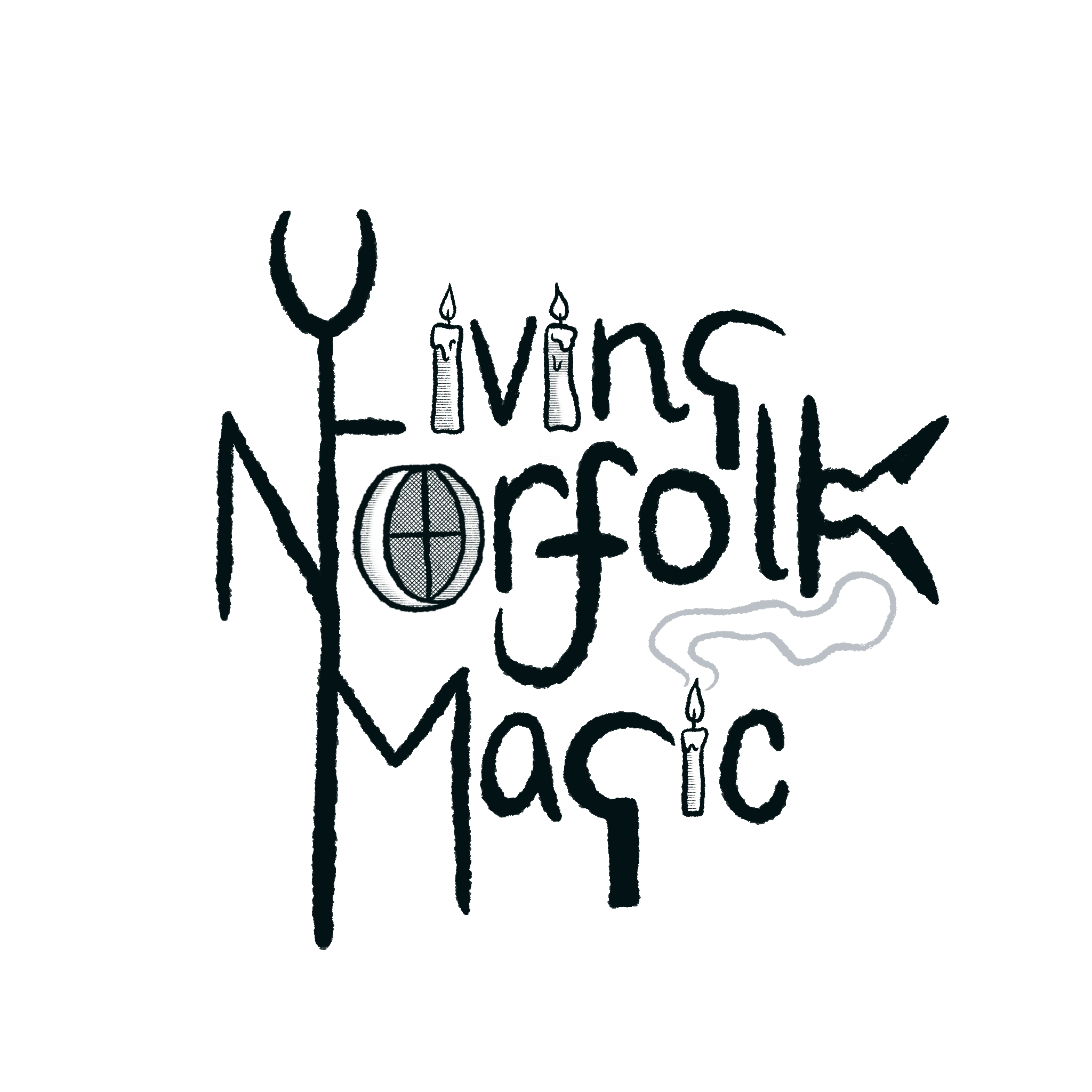 The logo for the Living Norfolk Magic Project, with agricultural tools, forming a link to its Instagram page.
