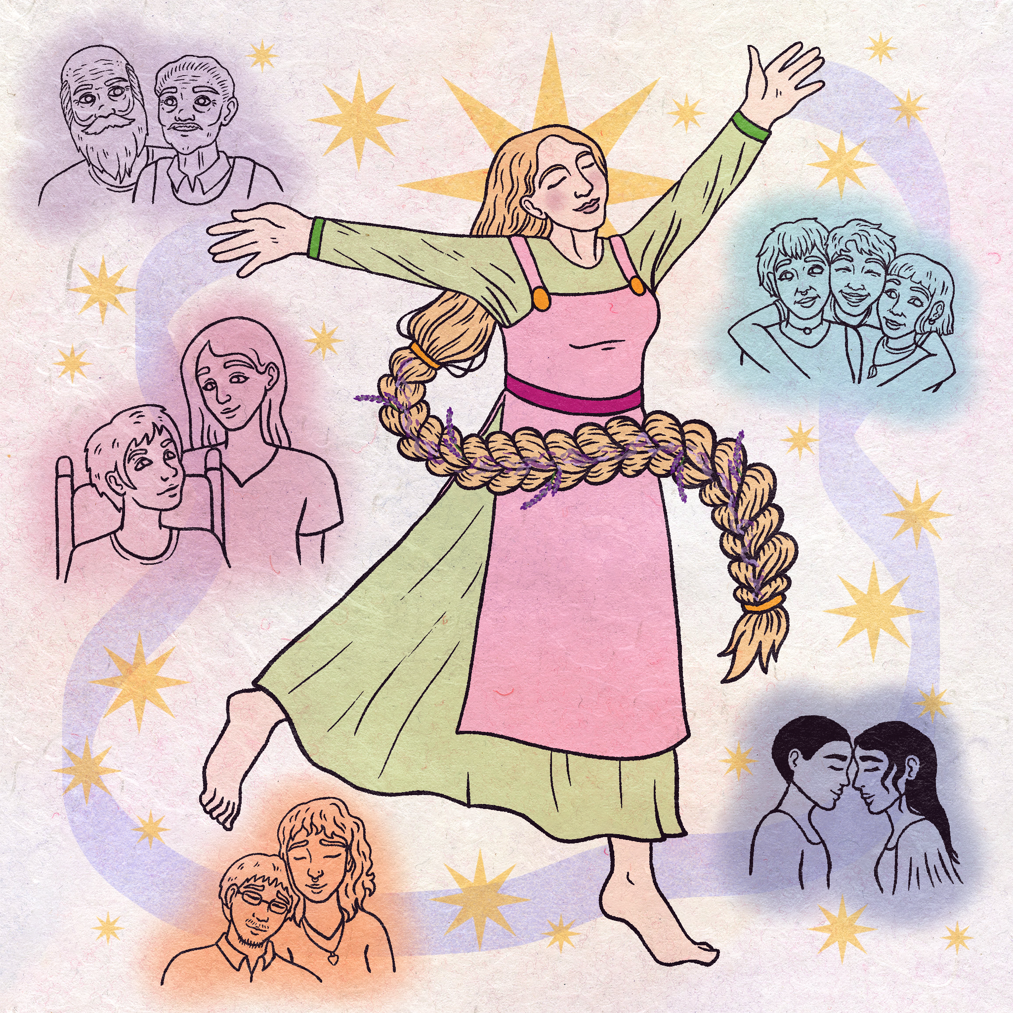 A barefoot, jubilant woman steps forward with her arms outstretched and her right leg raise behind. A four-pointed solar halo crowns her head. A prurple stream links her hands around her, with various romantic unions envisioned as images.