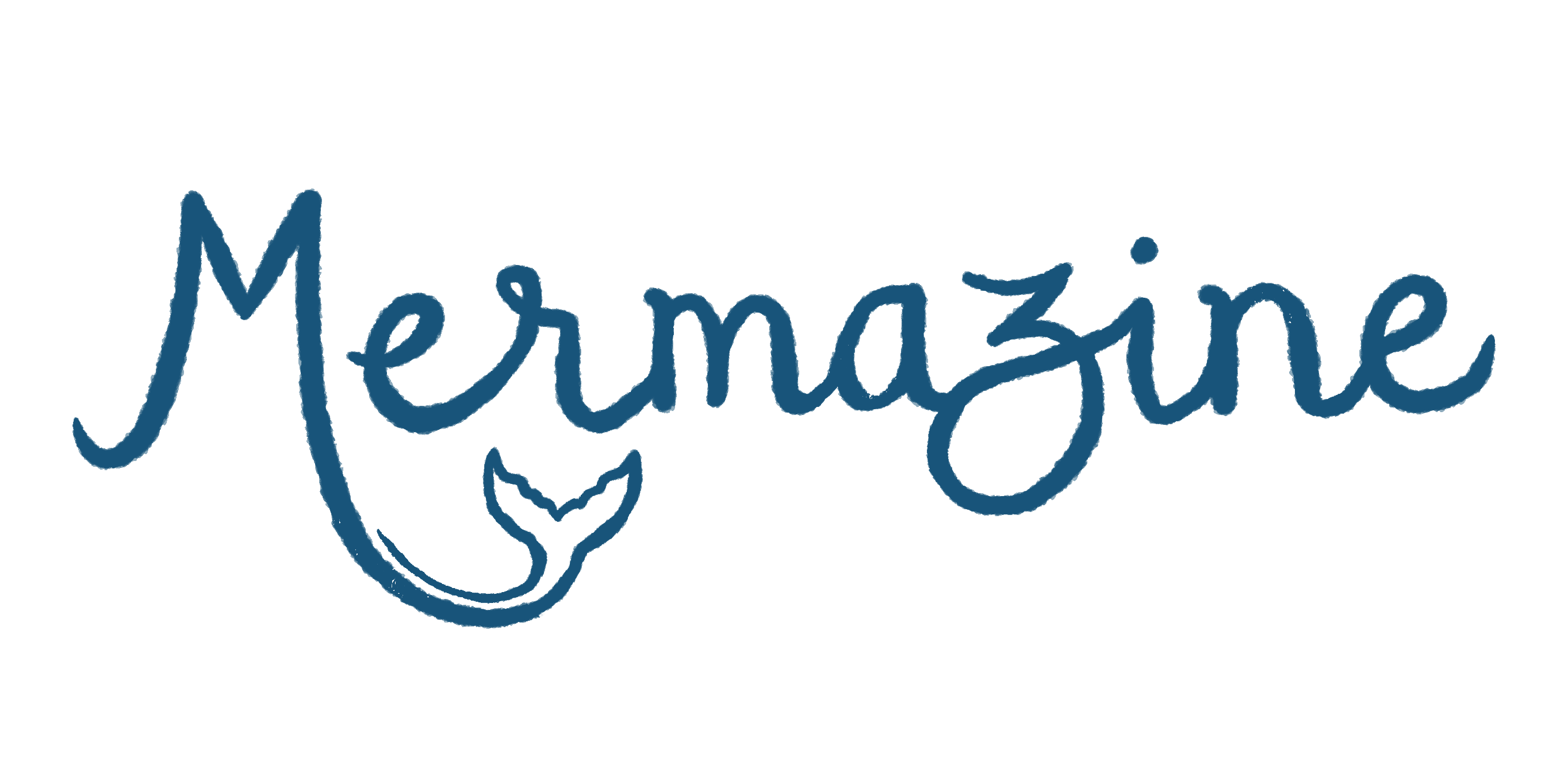 Mermazine masthead in blue script, with the initial M with its right-hand foot extended to become a fish tail, by Vix Valentine.
