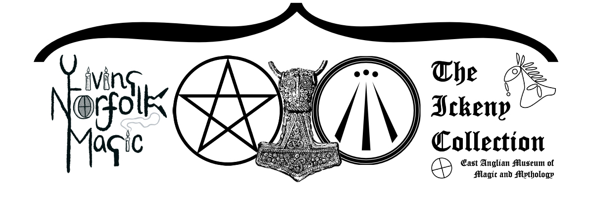 Norwich Pagan Moot logo: Living Norfolk Magic, Ickeny Collection and three symbols: Pentacle, Thor's Hammer and the Awen - public domain images