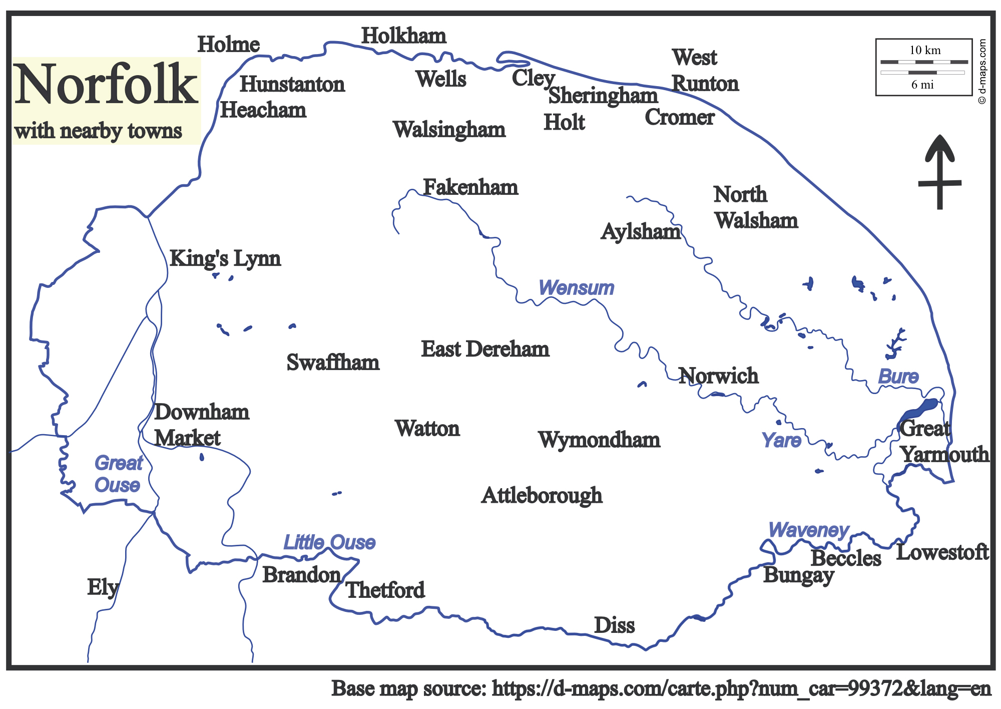 Map of Norfolk ahowing towns and rivers