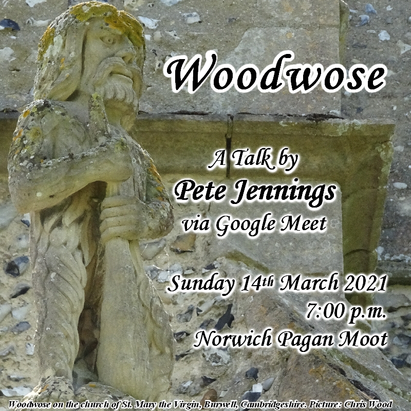 Image promoting the Norwich Moot on-line talk by Pete Jennings, 14th March 2021, with illustration of a carved stone woodwose on St. Mary the Virgin church, Burwell, Cambridgeshire, taken by Chris Wood, forming a link to the video of the ritual on YouTube.