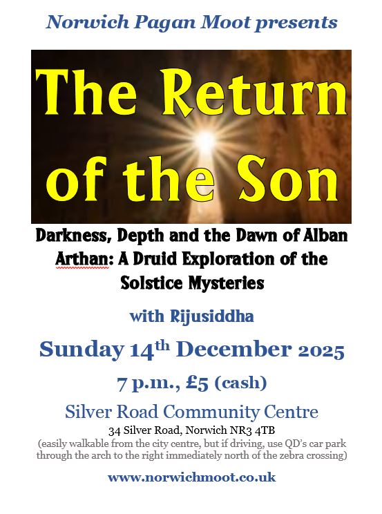 Image promoting the Norwich Moot talk on Sunday 14th December 2023 at 7 p.m.: The Return of the Son, with Rijusiddha, with a light shining through a hole in stone.