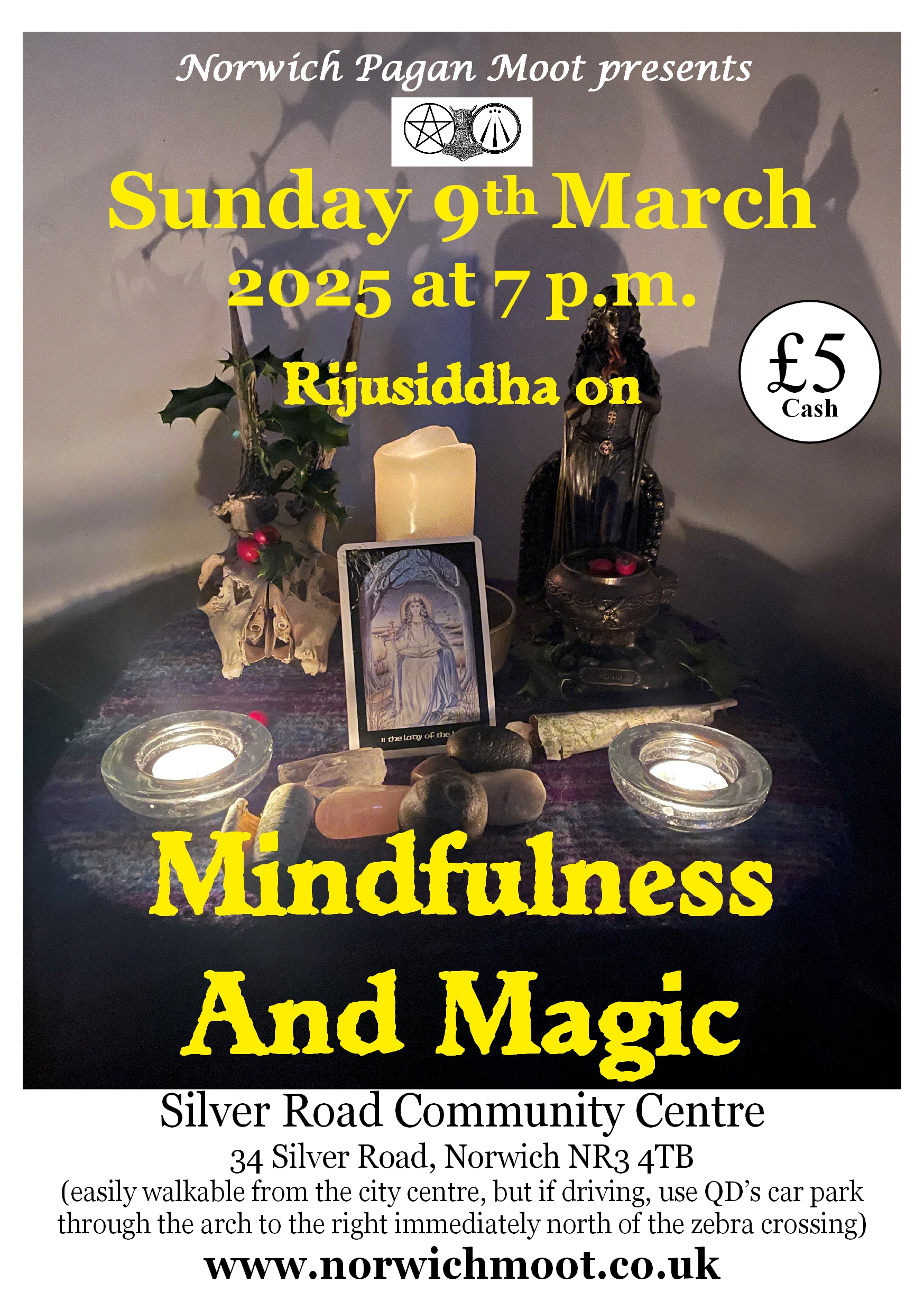 Image promoting the talk by Rijusiddha, showing an altar with candles, figures, crystals, stones and a Tarot card.