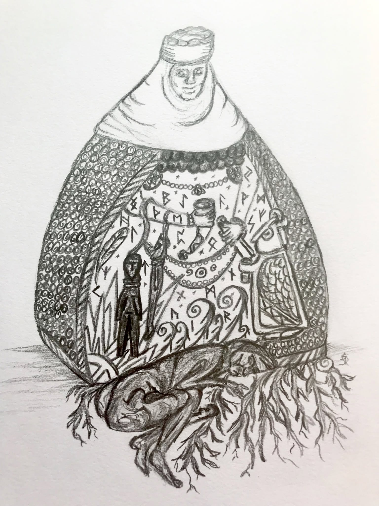 A rounded-pyramid-shaped figure with a headscarf, holding a horn and scroll and with two small figures hanged from her arm. Roots emerge from under her skirt and a naked person lies asleep or dead on them. Runes and other symbols cover her gown.