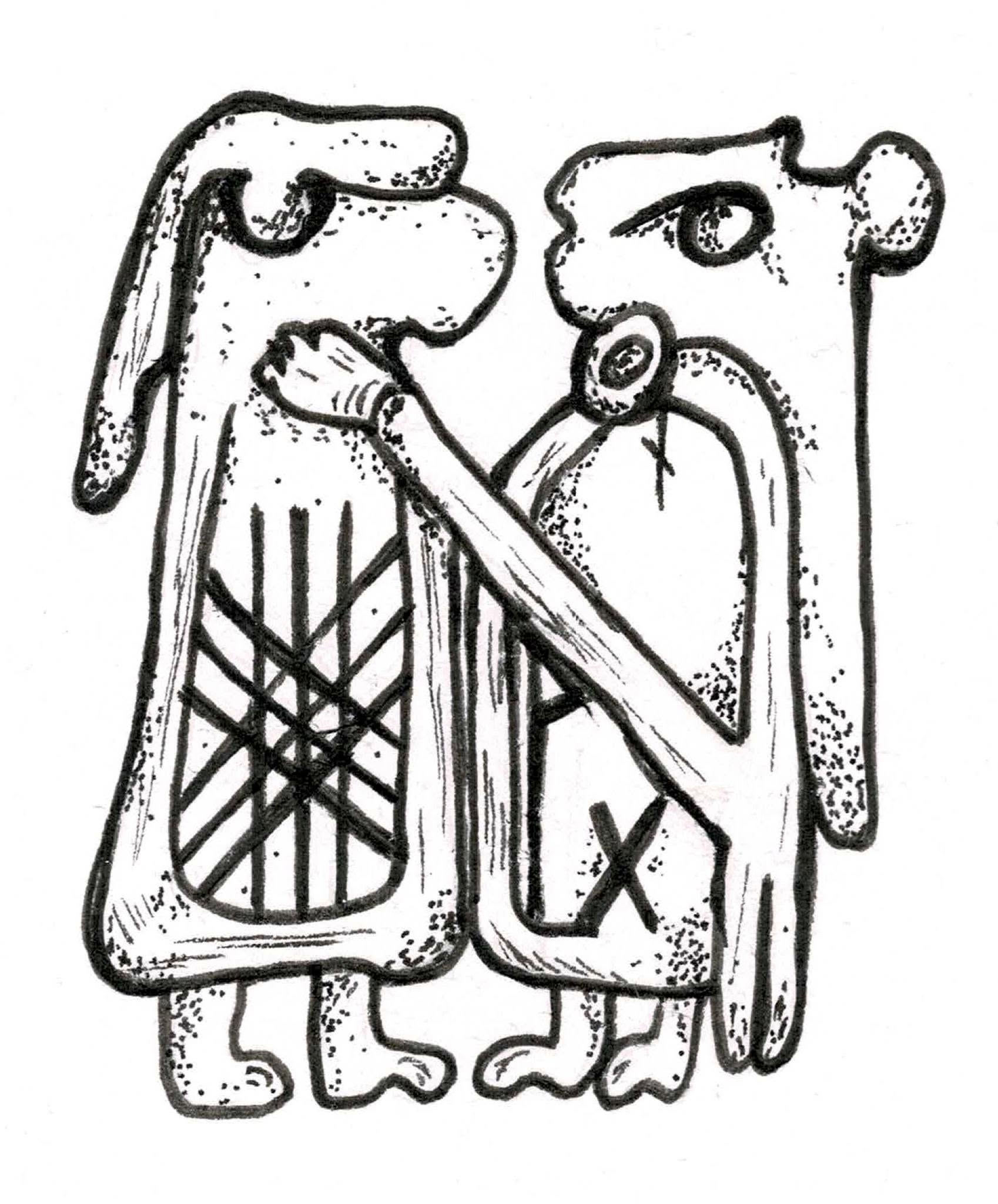 Two figures embrace, both with long hair and runes on their bodies.
