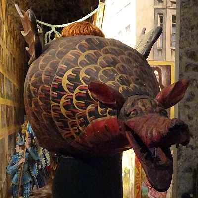 A retired Nowich Snap Dragon in the old display in Norwich Castle Keep in 2018