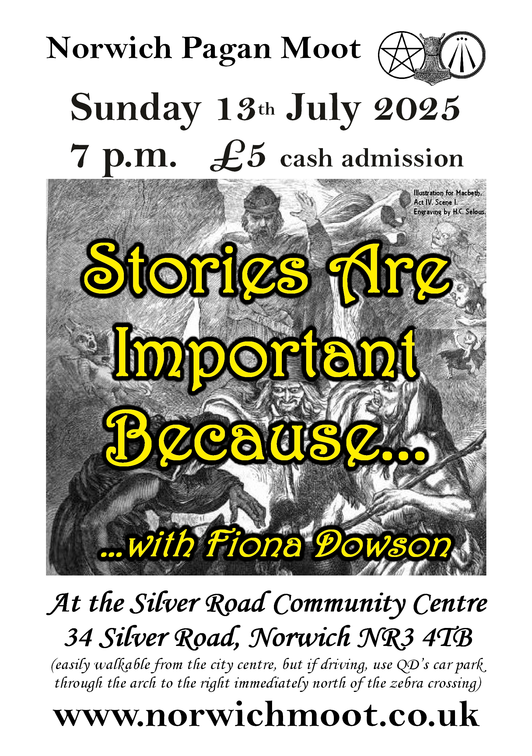 Image promoting the talk by Fiona Dowson, showing an illustration of Macbeth meeting the three witches by H.C. Selous.