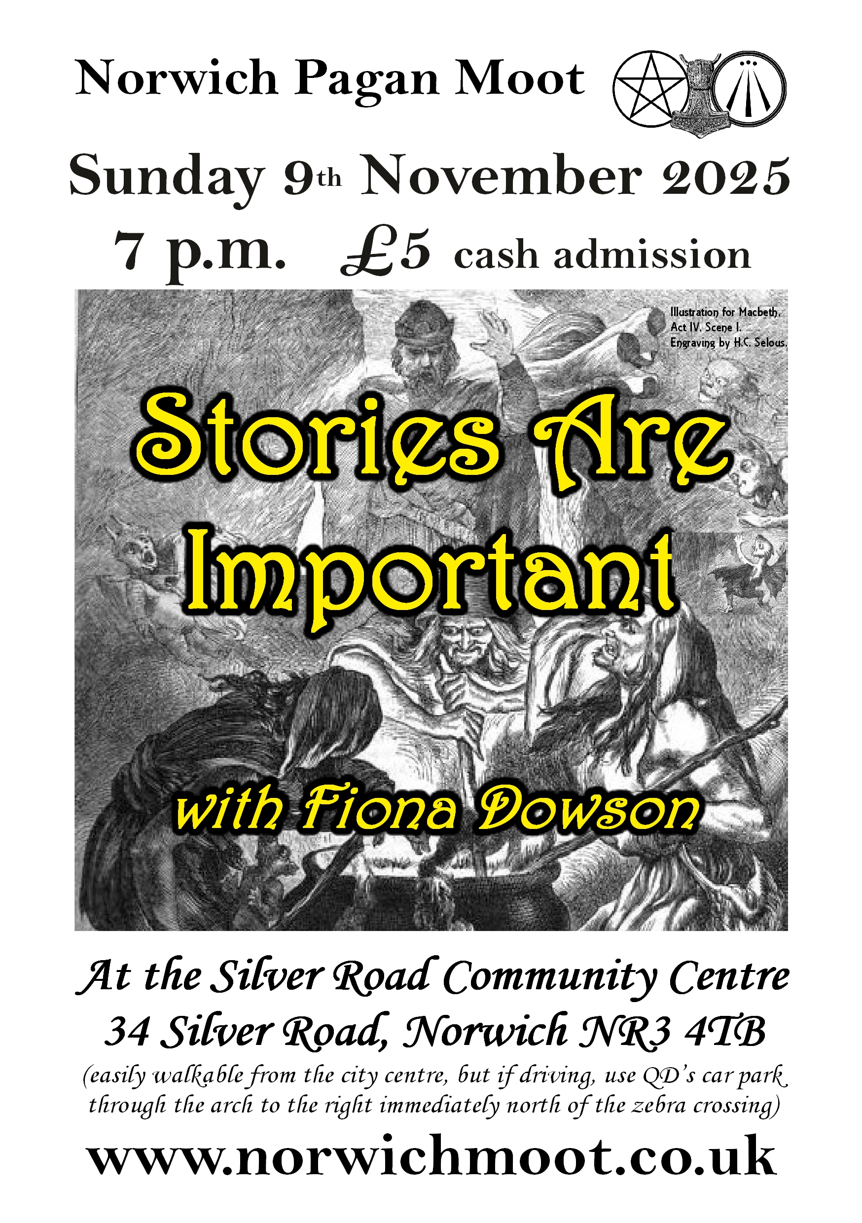 Image promoting the Norwich Moot talk on Sunday 9th November 2023 at 7 p.m.: Stories are Important, with Fiona Dowson, with an illustration by H. C. Selous of Macbeth encountering the wicthes.