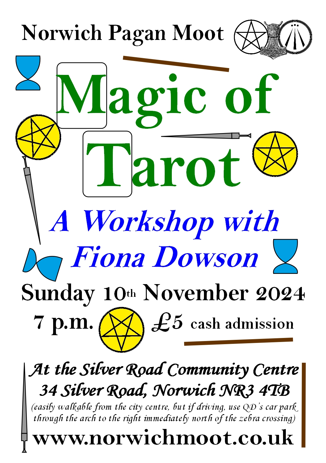 Image promoting the workshop on Tarot by Fiona DOwson on Sunday 10th November 2024 at 7 p.m., showing a represetations of the Tarot suits (swords, wands, cups and pentacles) in various positions and lines around the first letters of 'Magic' and 'Tarot' to ake them look like cards.