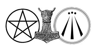 Norwich Pagan Moot logo: three symbols: Pentacle, Thor's Hammer and the Awen - public domain images
