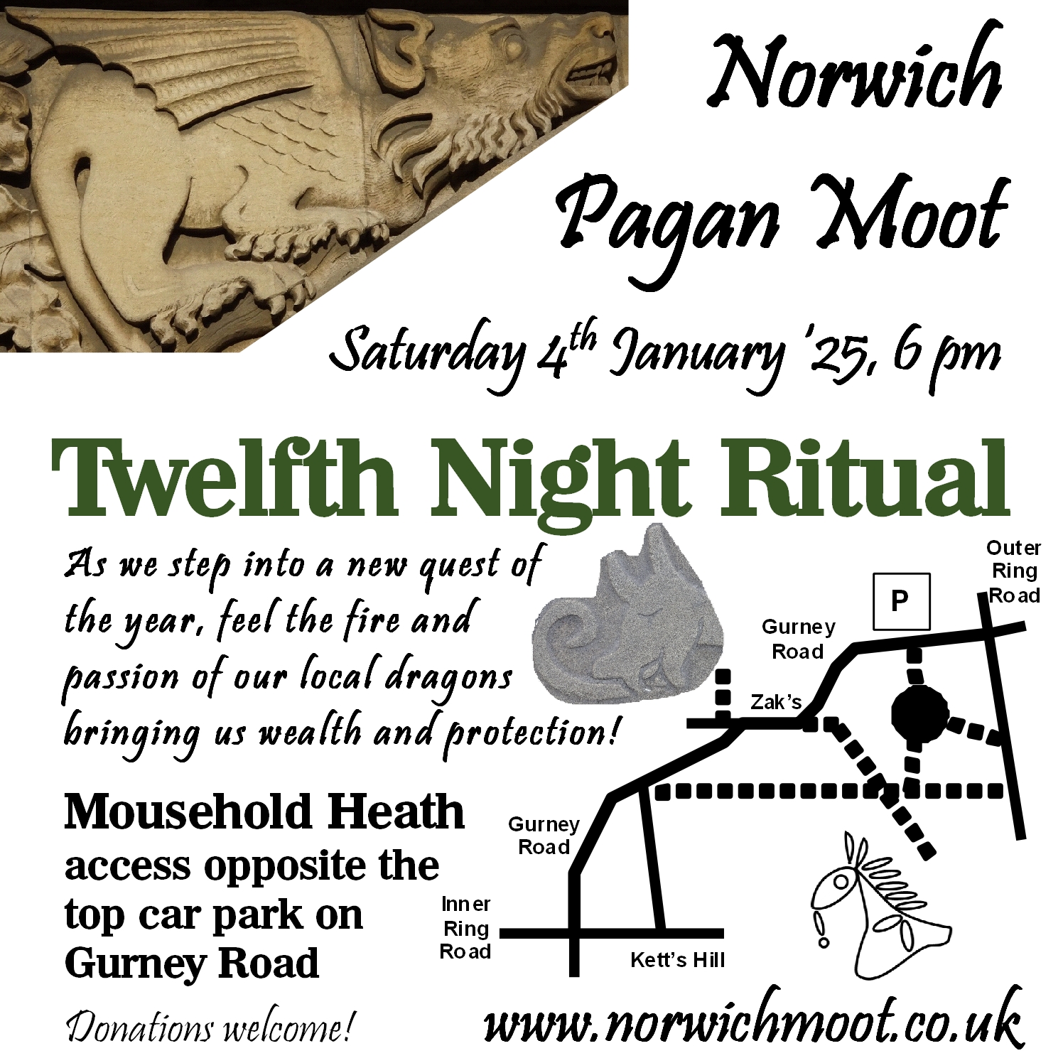 Image promoting the Norwich Moot Twelfth Night Ritual on Mousehold Heath, 4th January 2025 at 6pm, with dragons and a map showing the location of the ritual site, across the road south of the top car park on Gurney Road.